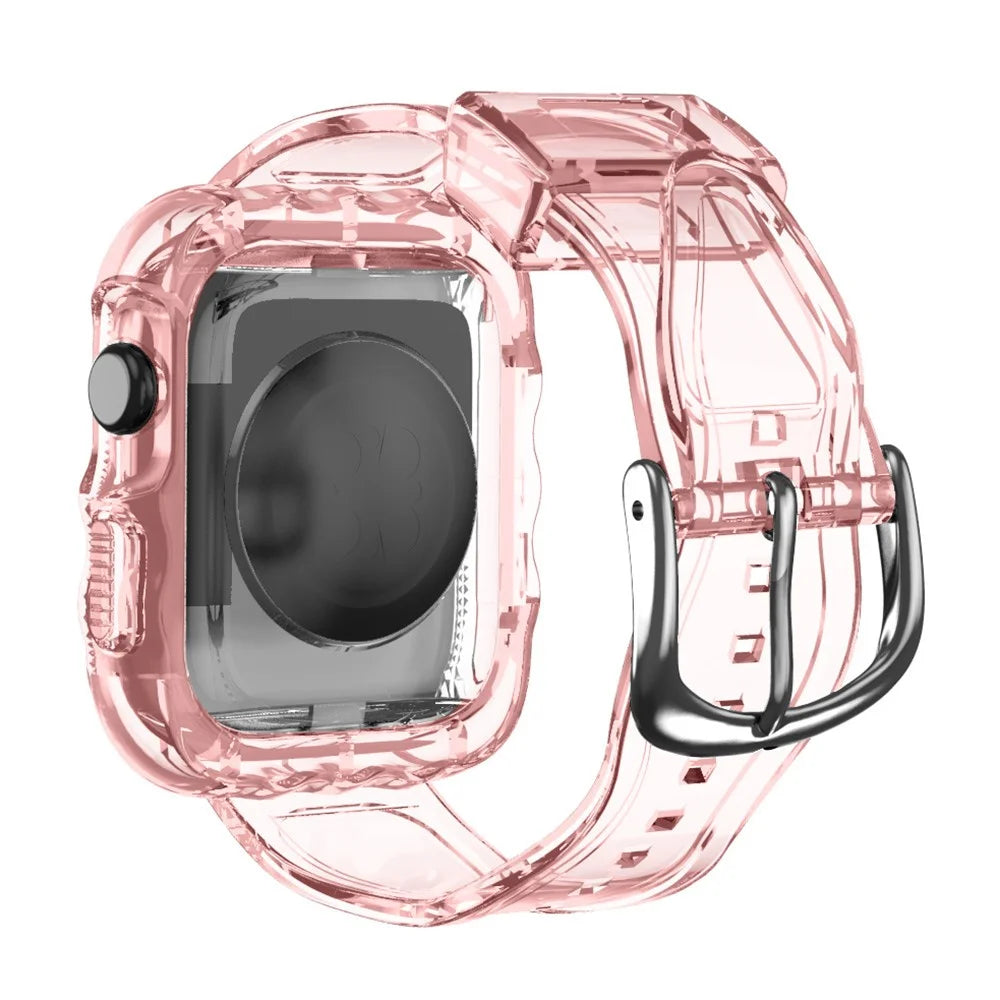 For Apple Watch Series 10 46mm Watch Case with Band Wave Pattern Integrated Watch Strap TPU Adjustable - Pink - 1