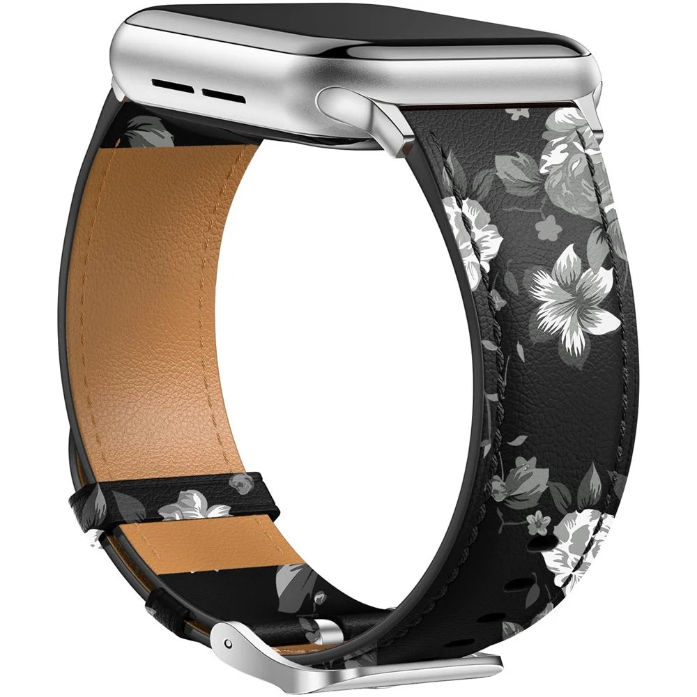 Leather Band For Apple Watch Series 11 10 42mm / 9 8 7 41mm / SE3 SE2 SE 6 5 4 40mm / 3 2 1 38mm Pointed Tail Strap Silver Buckle - Black  /  Grey Flowers - 2