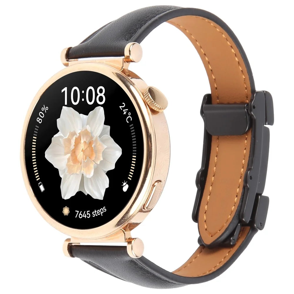 20mm Genuine Cow Leather Strap for Samsung Galaxy Watch7 44mm / 40mm / Huawei Watch GT 3 42mm Flat Texture Magnetic Watch Band - Black - 4