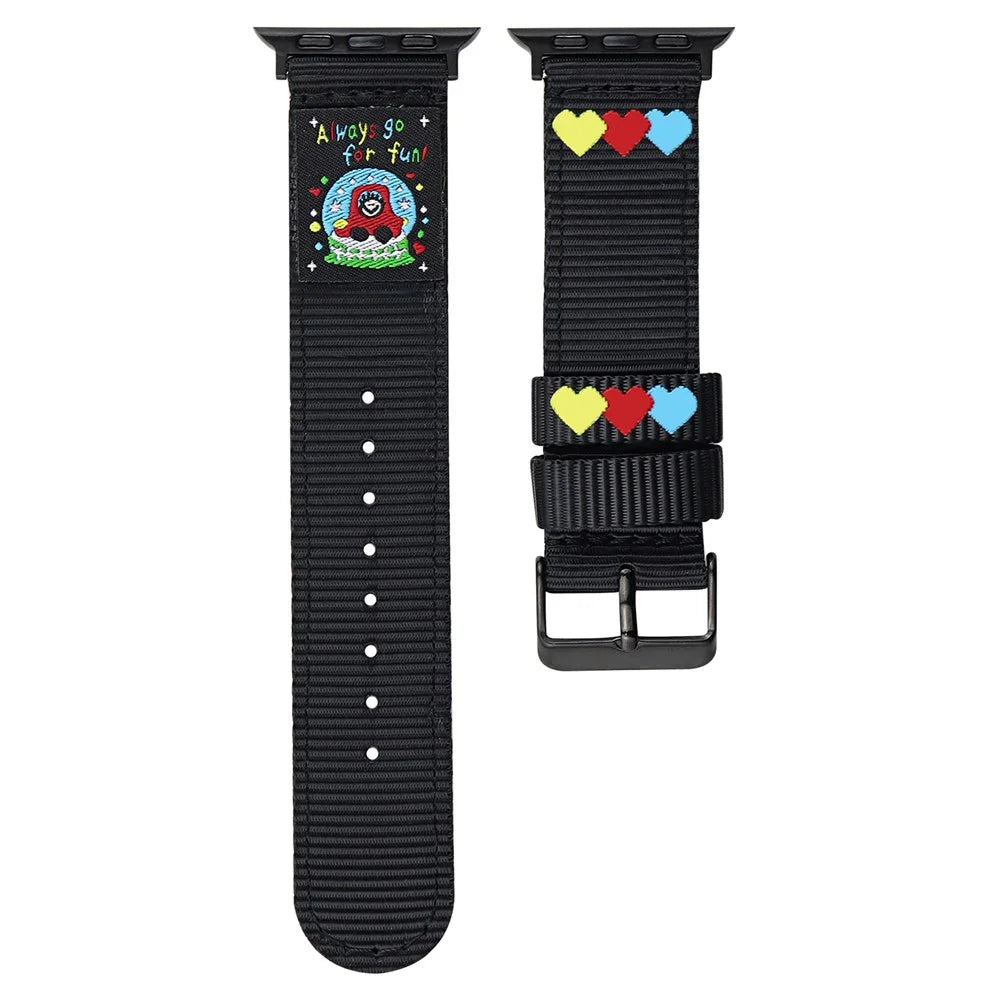 Canvas Watch Band for Apple Watch Series 11 10 42mm / 9 8 7 41mm / SE3 SE2 SE 6 5 4 40mm / 3 2 1 38mm Love Label Wrist Strap - Black - 1