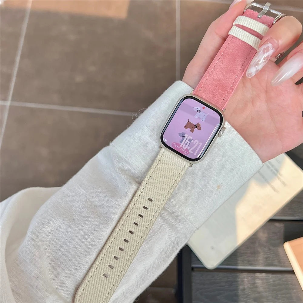 Splicing Color Watch Band for Apple Watch Series 11 10 42mm / 9 8 7 41mm / SE3 SE2 SE 6 5 4 40mm / 3 2 1 38mm Suede + Denim Wrist Strap - White + Red - 4