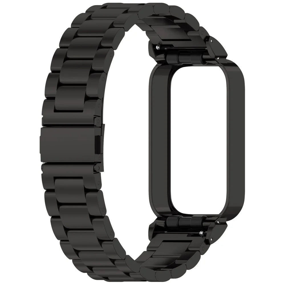 For Xiaomi Smart Band 9 Active / Redmi Band 3 Metal Frame Watch Case Integrated Three Bead Stainless Steel Strap - Black - 2