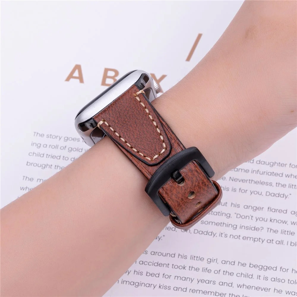 Watch Band for Apple Watch Series 11 10 42mm / 9 8 7 41mm / SE3 SE2 SE 6 5 4 40mm / 3 2 1 38mm U-Shaped Design Genuine Cow Leather Strap - Brown - 3