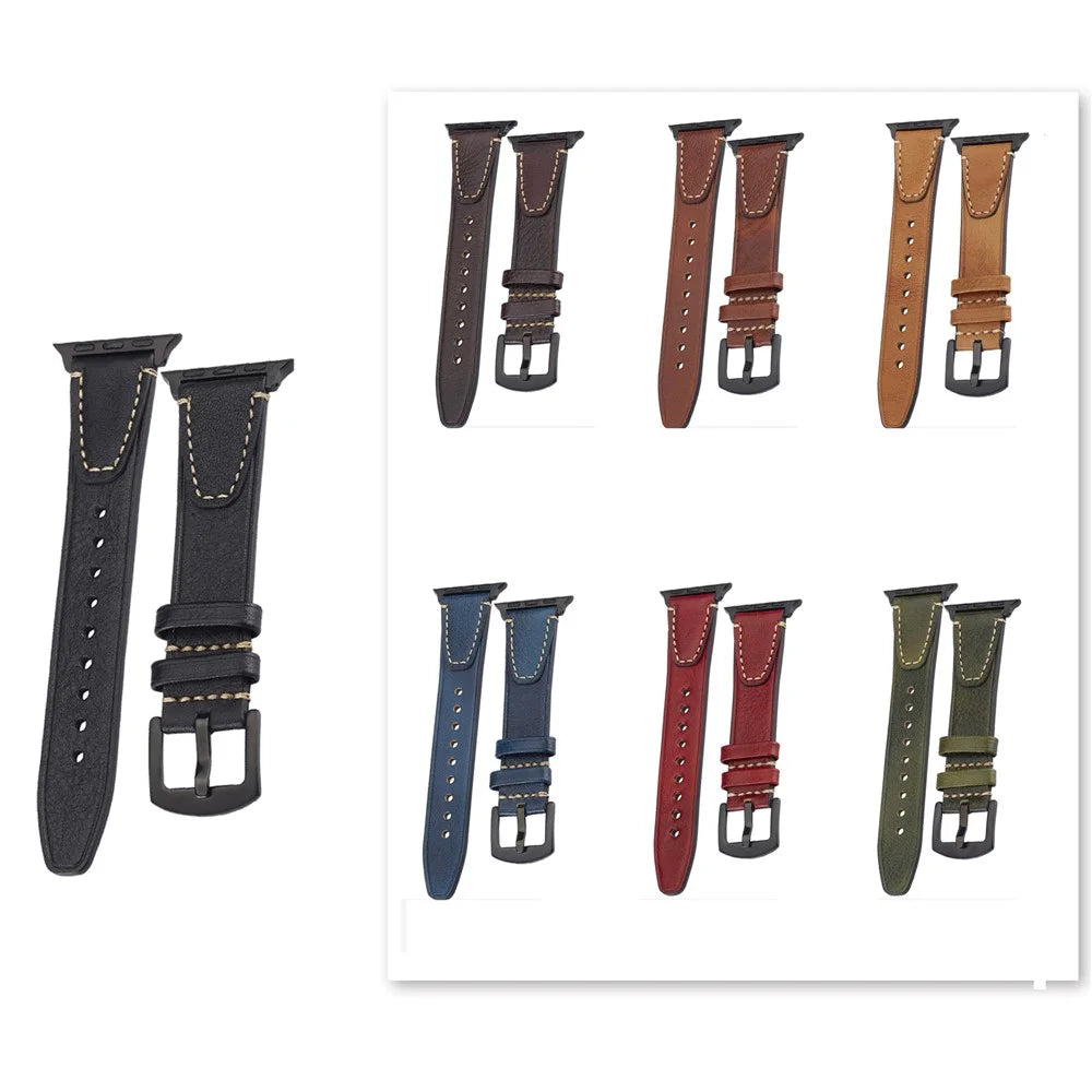 Watch Band for Apple Watch Series 11 10 42mm / 9 8 7 41mm / SE3 SE2 SE 6 5 4 40mm / 3 2 1 38mm U-Shaped Design Genuine Cow Leather Strap - Brown - 4