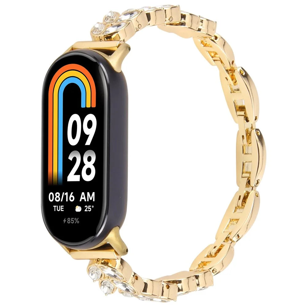 Metal Watch Strap For Xiaomi Smart Band 9 NFC  /  9  /  8 Wheat-Shaped Rhinestone Adjustable Wrist Band Replacement Bracelet - Gold - 2