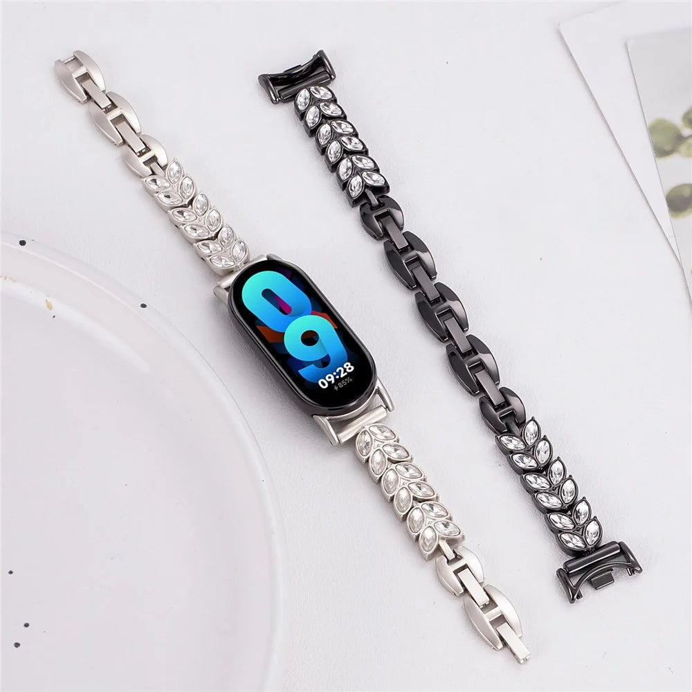 Metal Watch Strap For Xiaomi Smart Band 9 NFC  /  9  /  8 Wheat-Shaped Rhinestone Adjustable Wrist Band Replacement Bracelet - Gold - 5