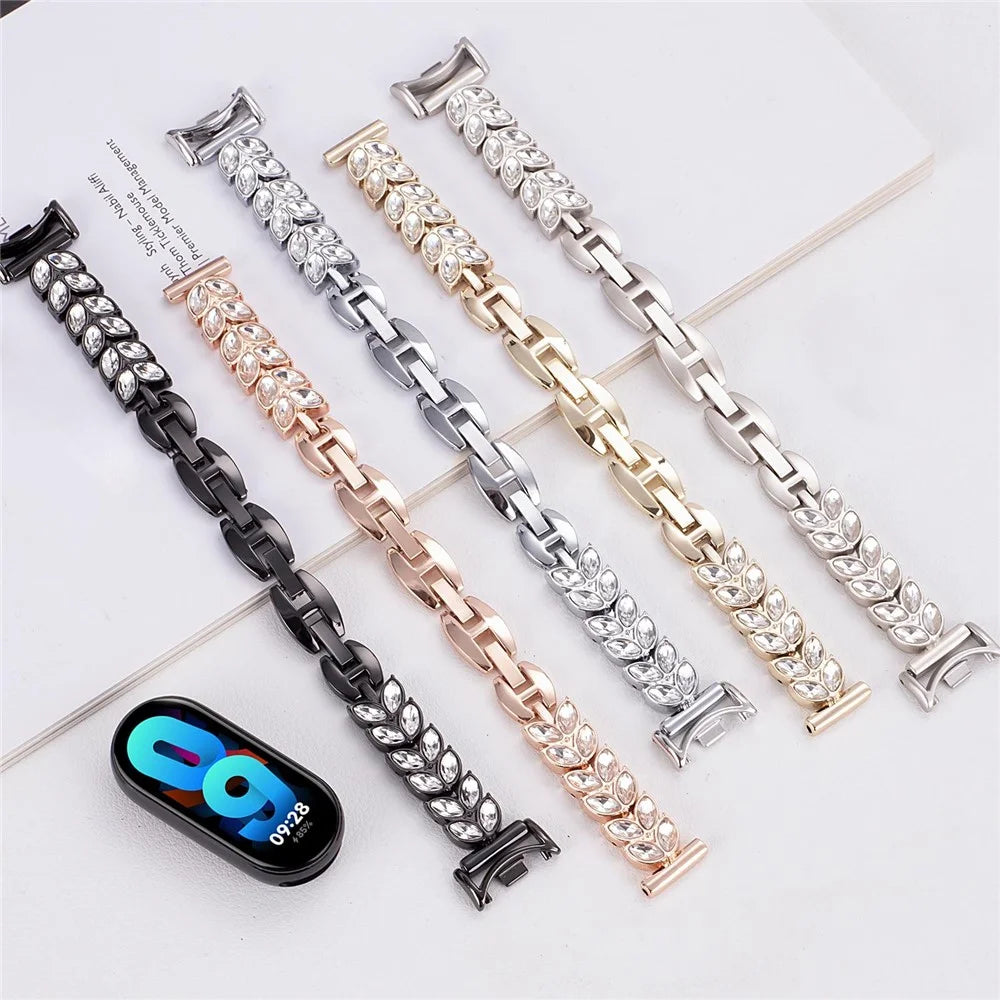 Metal Watch Strap For Xiaomi Smart Band 9 NFC  /  9  /  8 Wheat-Shaped Rhinestone Adjustable Wrist Band Replacement Bracelet - Gold - 6