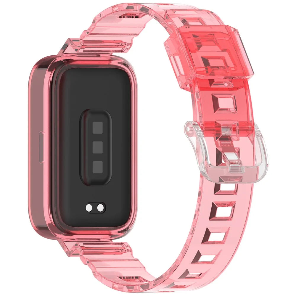 For Xiaomi Redmi Band 3 / Smart Band 9 Active Transparent Color Changing TPU Watch Band Integrated with Case - Red - 1