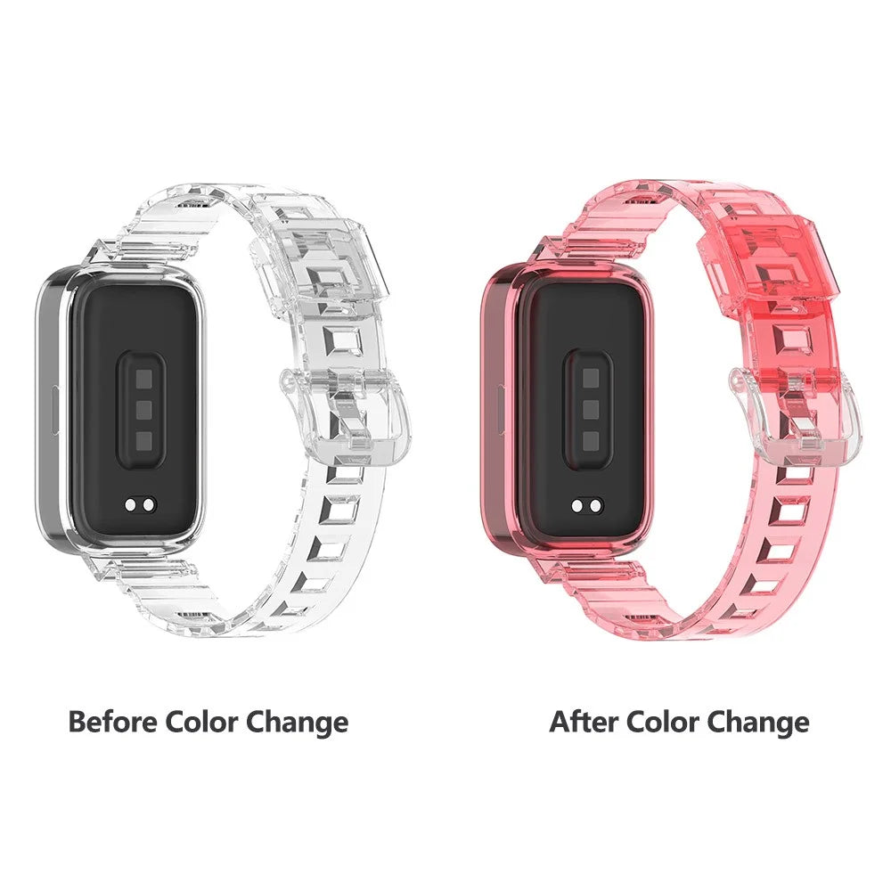 For Xiaomi Redmi Band 3 / Smart Band 9 Active Transparent Color Changing TPU Watch Band Integrated with Case - Red - 2