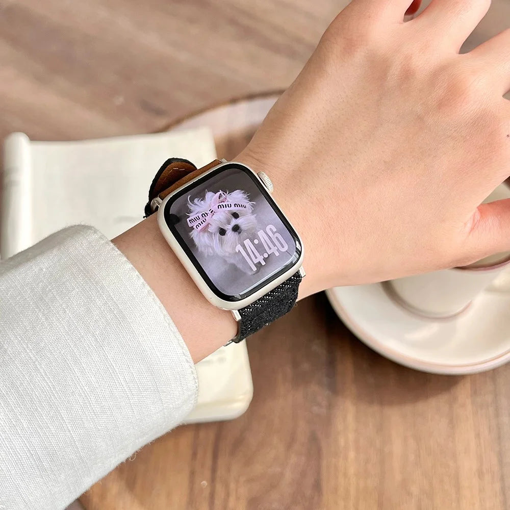 Watch Band For Apple Watch Series 11 10 42mm / 9 8 7 41mm / SE3 SE2 SE 6 5 4 40mm / 3 2 1 38mm Embroidered Denim Leather Strap - Brown  /  Black - 5