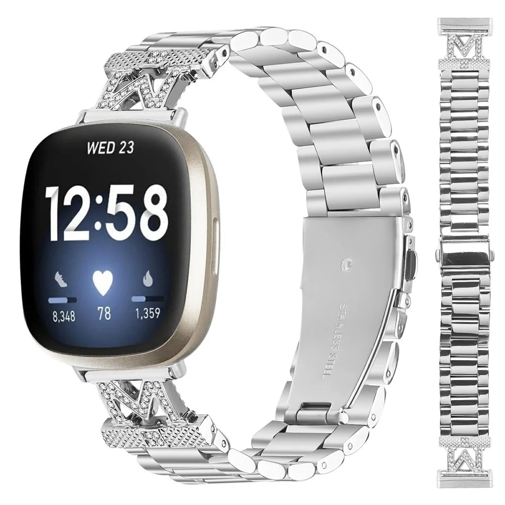 For Fitbit Versa 3 / Sense Watch Strap Rhinestones Decor Silver Stainless Steel 3 Beads Watch Band - 3