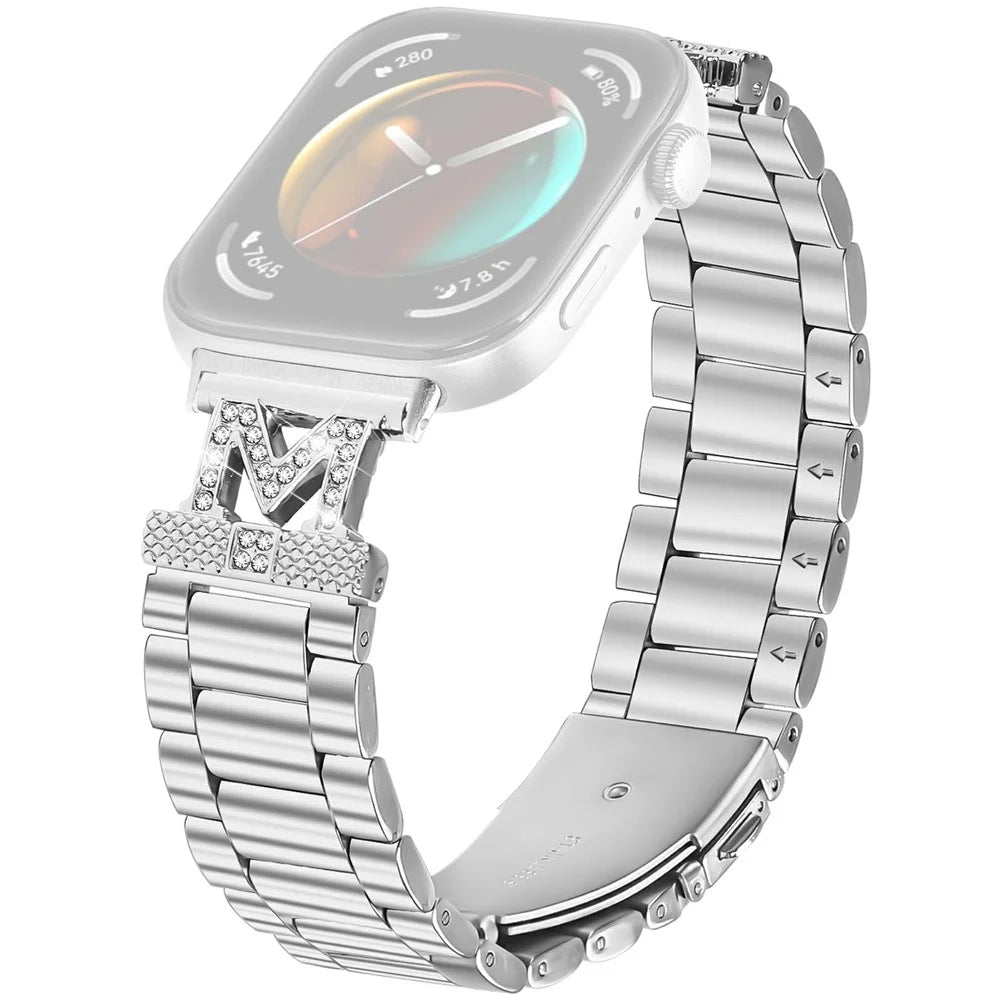 For Huawei Watch Fit 3 Watch Strap Rhinestones Decor Silver Stainless Steel 3 Beads Watch Band - 1