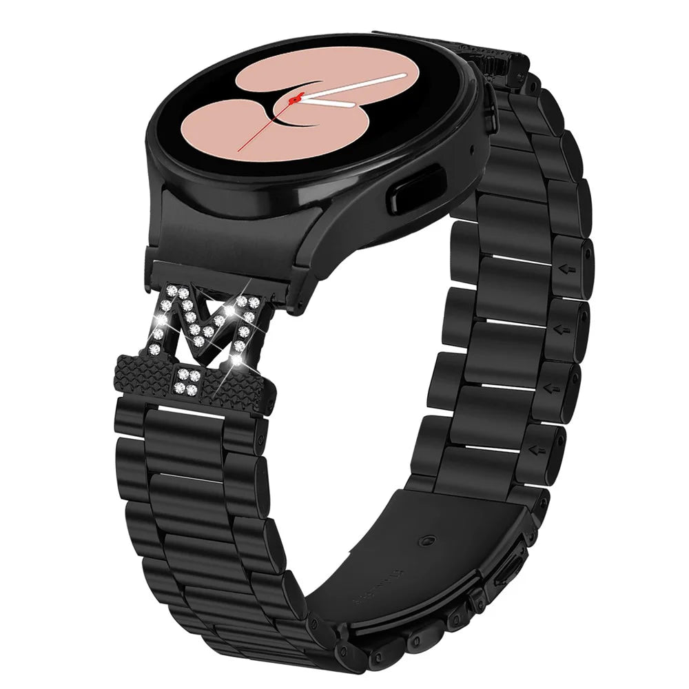 Watch Band with Connector For Samsung Galaxy Watch7 40mm 44mm Rhinestones Decor 3-Bead Stainless Steel Strap - Black - 2