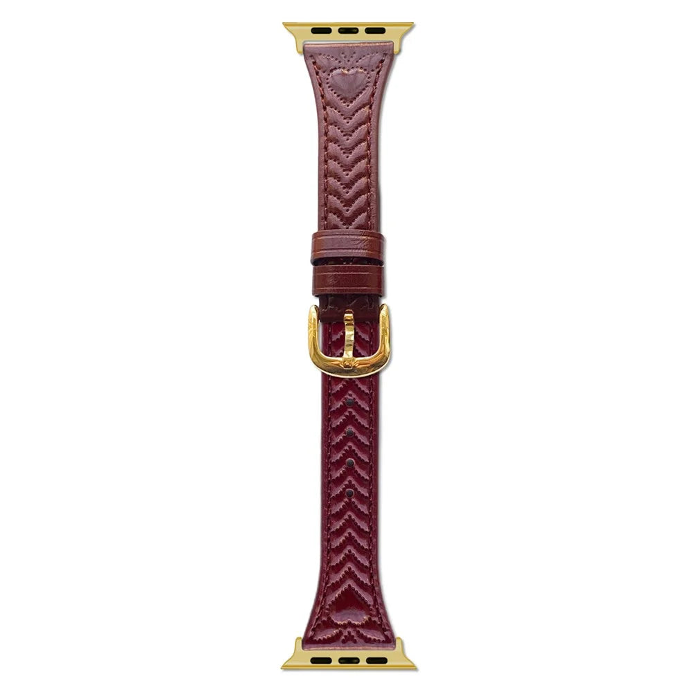 Watch Band For Apple Watch Ultra 3 2 1 49mm / Series 11 10 46mm / 9 8 7 45mm / SE3 SE2 SE 6 5 4 44mm / 3 2 1 42mm Heart Pattern Embossed Genuine Leather Strap - Wine Red - 1