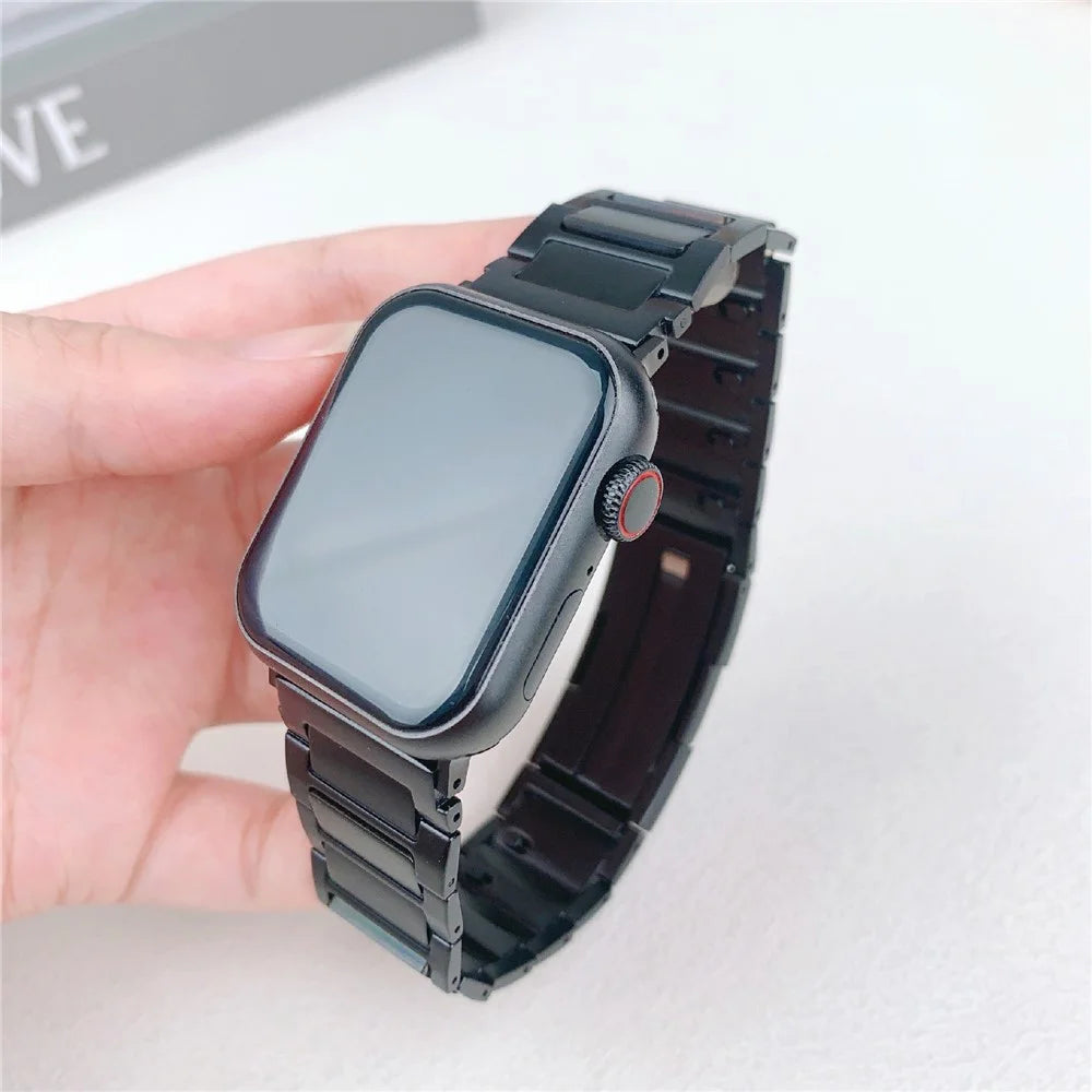 Wrist Strap for Apple Watch Series 11 10 42mm / 9 8 7 41mm / SE3 SE2 SE 6 5 4 40mm / 3 2 1 38mm Three-Bead Stainless Steel Watch Band - Black - 6