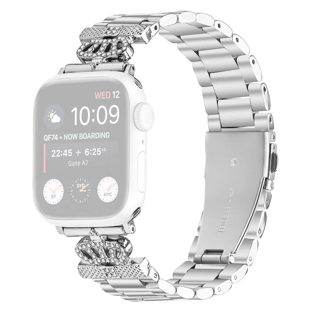 Stainless Steel Strap for Apple Watch Series 11 10 42mm / 9 8 7 41mm / SE3 SE2 SE 6 5 4 40mm / 3 2 1 38mm Crown Shape Rhinestone Decor Silver Watch Band - 1