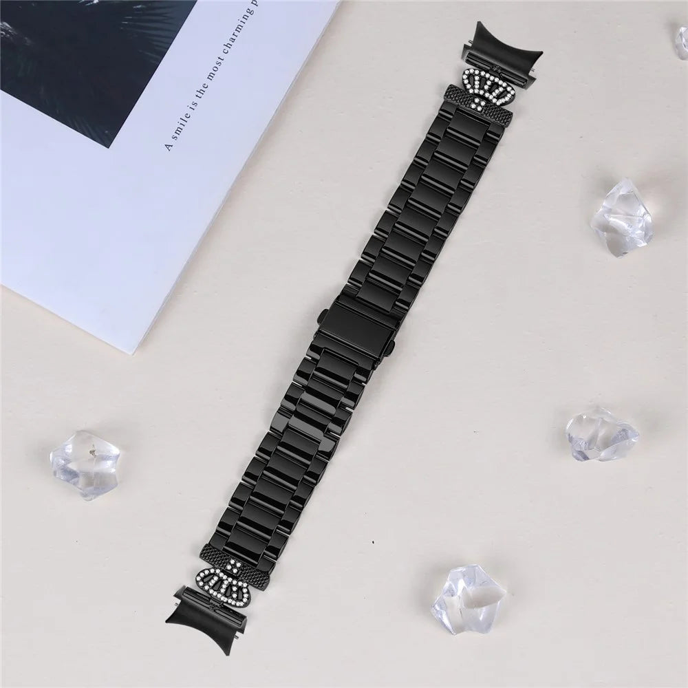 Metal Strap with Quick Release Connector for Samsung Galaxy Watch7 44mm / 40mm Crown Shape Rhinestone Decor Watch Band - Black - 7