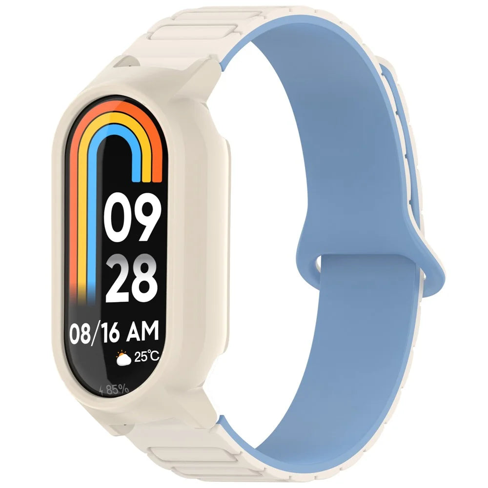 For Xiaomi Smart Band 9 NFC / 9 Magnetic Silicone Strap Dual Color Wristband with PC Protective Frame - White+Blue+White - 1