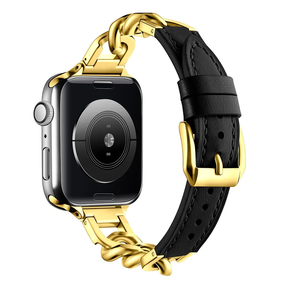 Watch Band For Apple Watch Series 11 10 42mm / 9 8 7 41mm / SE3 SE2 SE 6 5 4 40mm / 3 2 1 38mm Genuine Cow Leather Strap - Black + Gold - 1