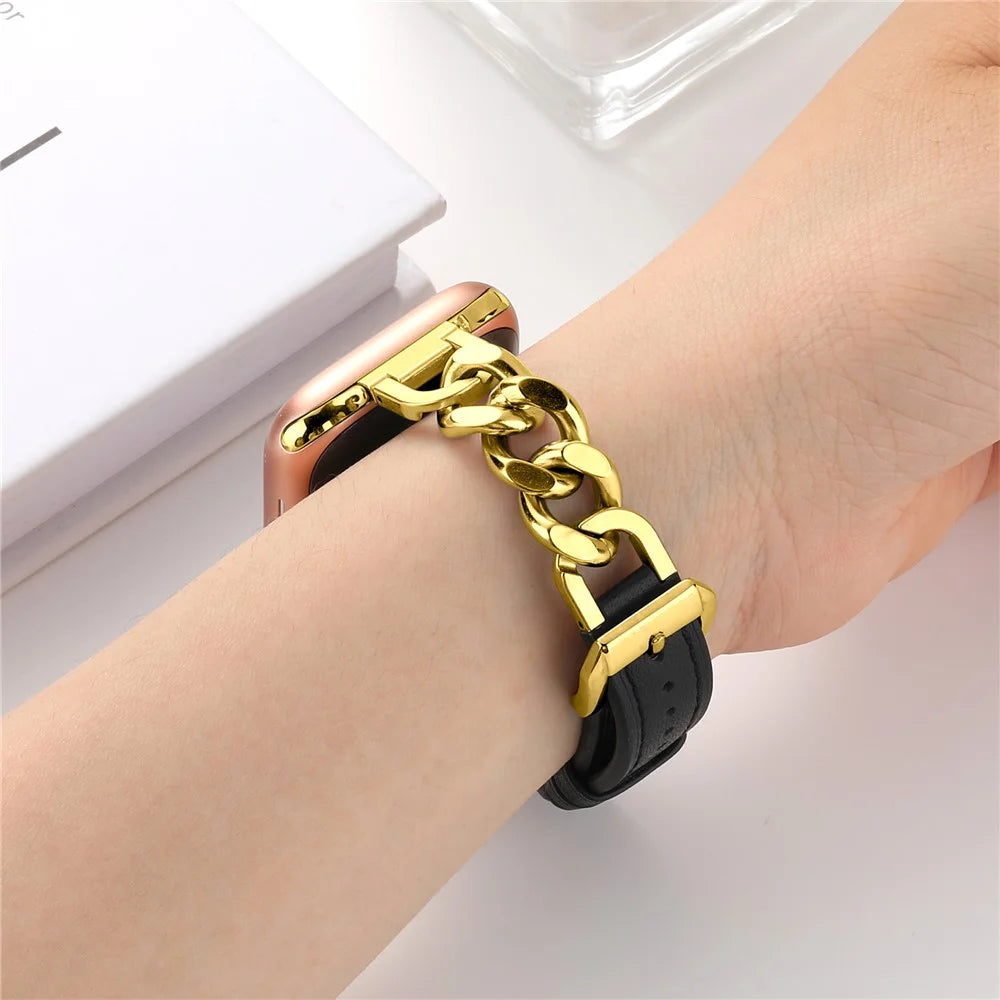 Watch Band For Apple Watch Series 11 10 42mm / 9 8 7 41mm / SE3 SE2 SE 6 5 4 40mm / 3 2 1 38mm Genuine Cow Leather Strap - Black + Gold - 2