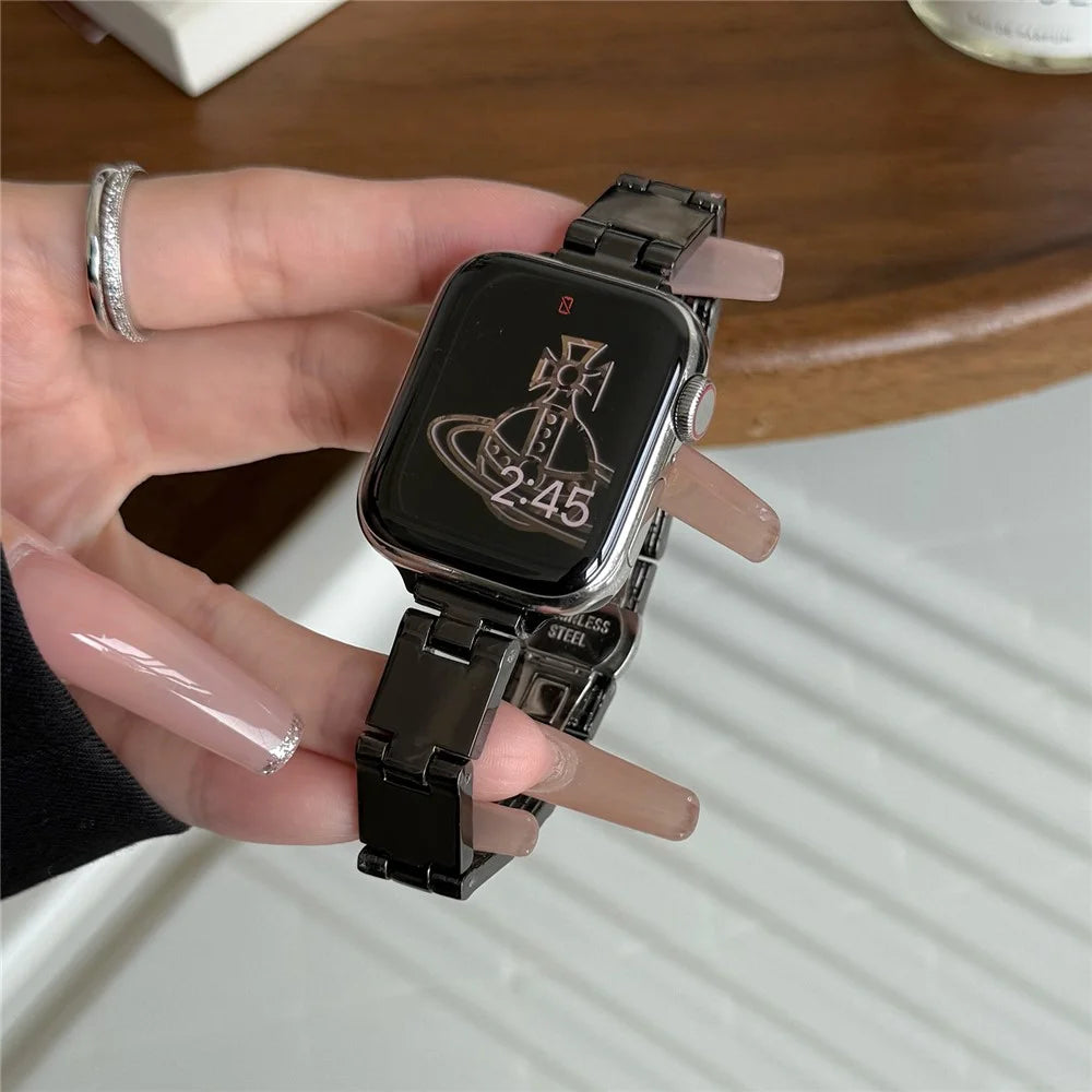 Watch Band For Apple Watch Series 11 10 42mm / 9 8 7 41mm / SE3 SE2 SE 6 5 4 40mm / 3 2 1 38mm Mirror Finish Zinc Alloy Strap - Black - 5