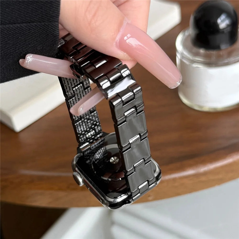 Watch Band For Apple Watch Series 11 10 42mm / 9 8 7 41mm / SE3 SE2 SE 6 5 4 40mm / 3 2 1 38mm Mirror Finish Zinc Alloy Strap - Black - 6