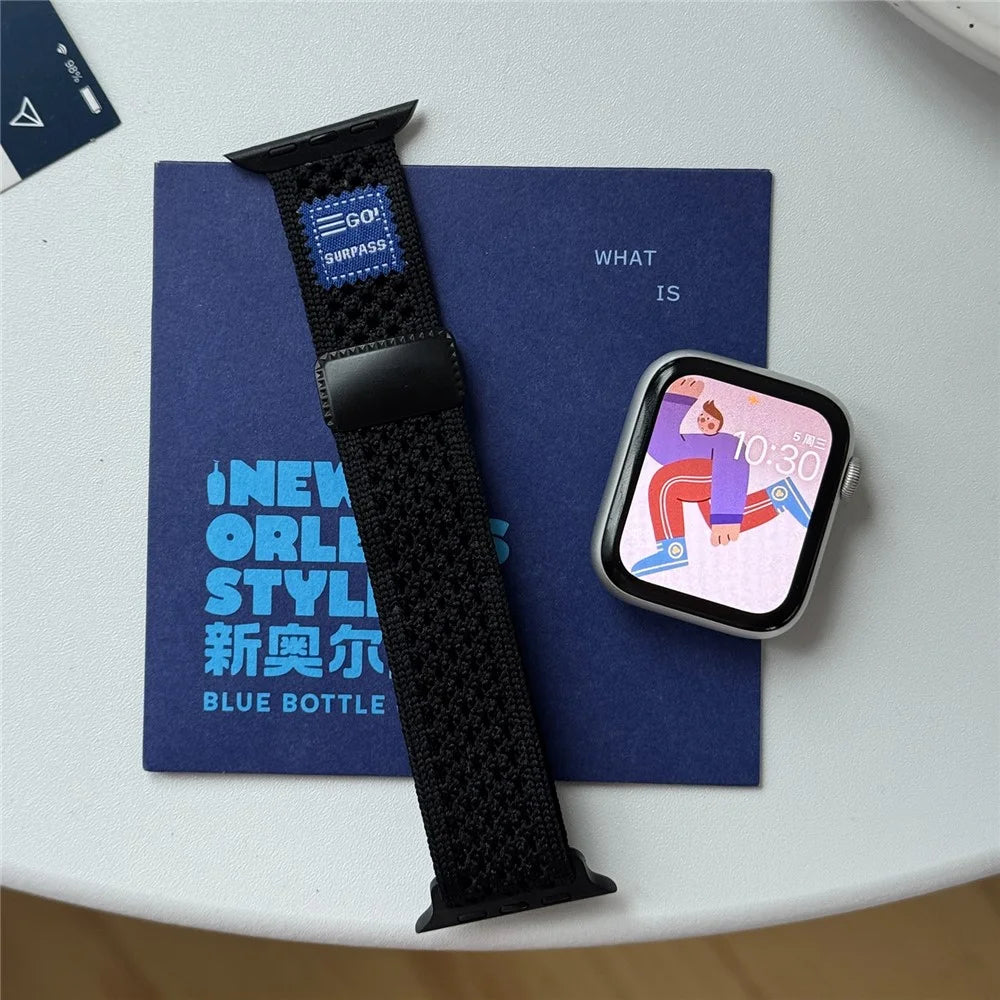 Watch Band For Apple Watch Series 11 10 42mm / 9 8 7 41mm / SE3 SE2 SE 6 5 4 40mm / 3 2 1 38mm Nylon Sport Breathable Strap - Black - 6