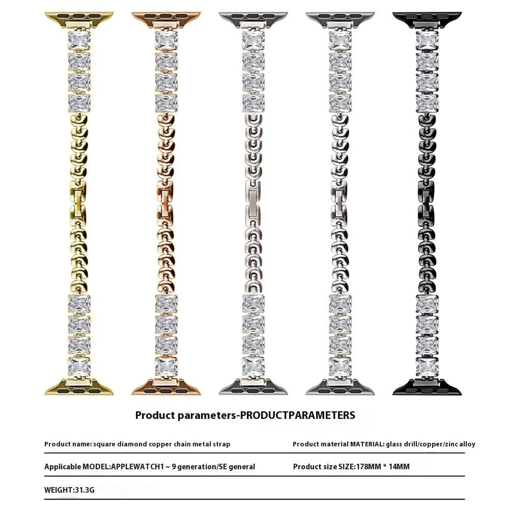 Copper Chain Strap for Apple Watch Ultra 3 2 1 49mm / Series 11 10 46mm / 9 8 7 45mm / SE3 SE2 SE 6 5 4 44mm / 3 2 1 42mm Square Rhinestone Watch Band - Silver - 4