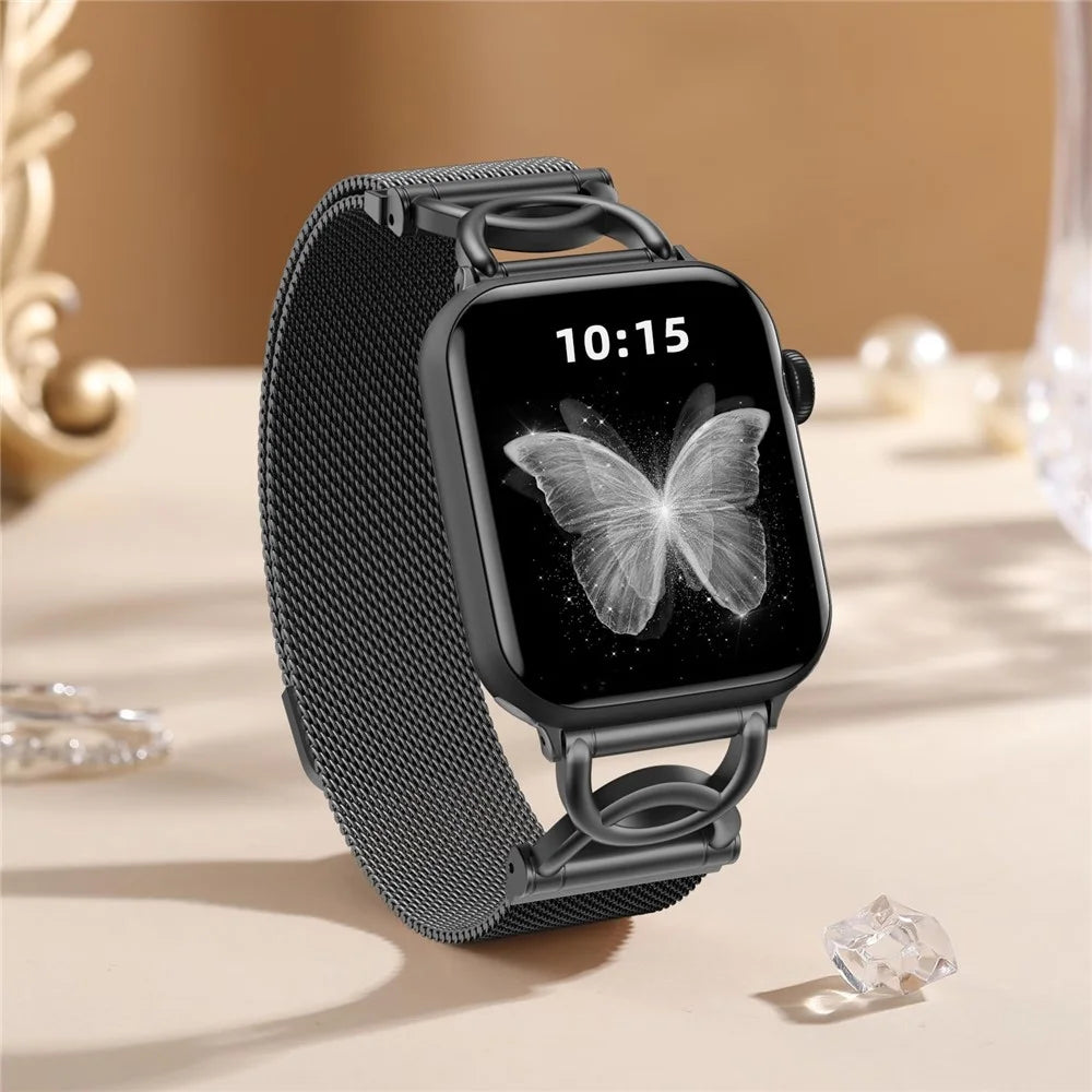 Watch Band For Apple Watch Series 11 10 42mm / 9 8 7 41mm / SE3 SE2 SE 6 5 4 40mm / 3 2 1 38mm DC-Shape Magnetic Clasp Stainless Steel Strap - Black - 6
