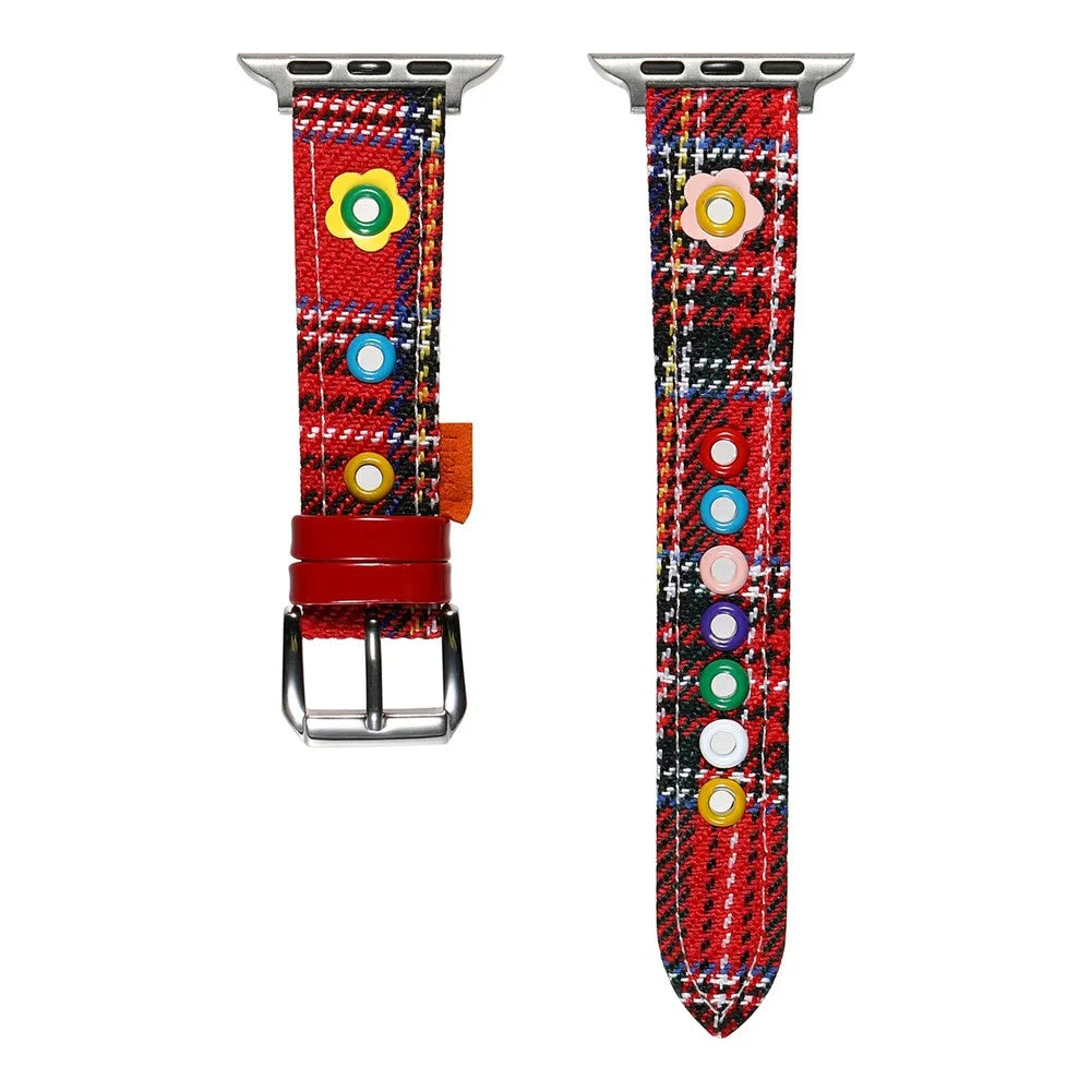 Denim Watch Band for Apple Watch Series 11 10 42mm / 9 8 7 41mm / SE3 SE2 SE 6 5 4 40mm / 3 2 1 38mm Dopamine Flower Strap - Red Plaid - 1