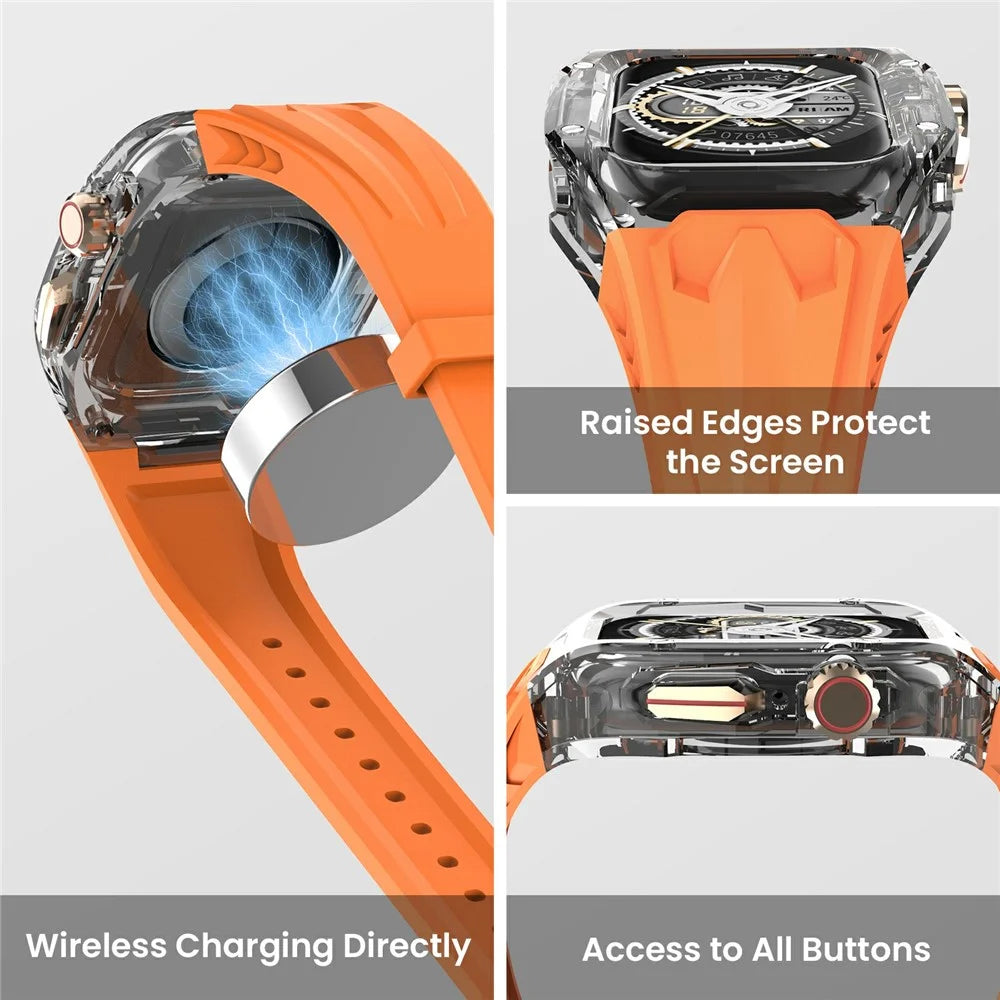 AHASTYLE WE28 Silicone Strap for Apple Watch Series 9 / 8 / 7 45mm / SE (2023) / (2022) 44mm / SE / 6 / 5 / 4 44mm Watch Band with Anti-Drop Case - Orange - 4