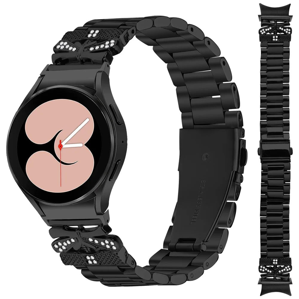 Metal Strap with Connector for Samsung Galaxy Watch7 44mm / 40mm Butterfly Rhinestones Decor Watch Band - Black - 3