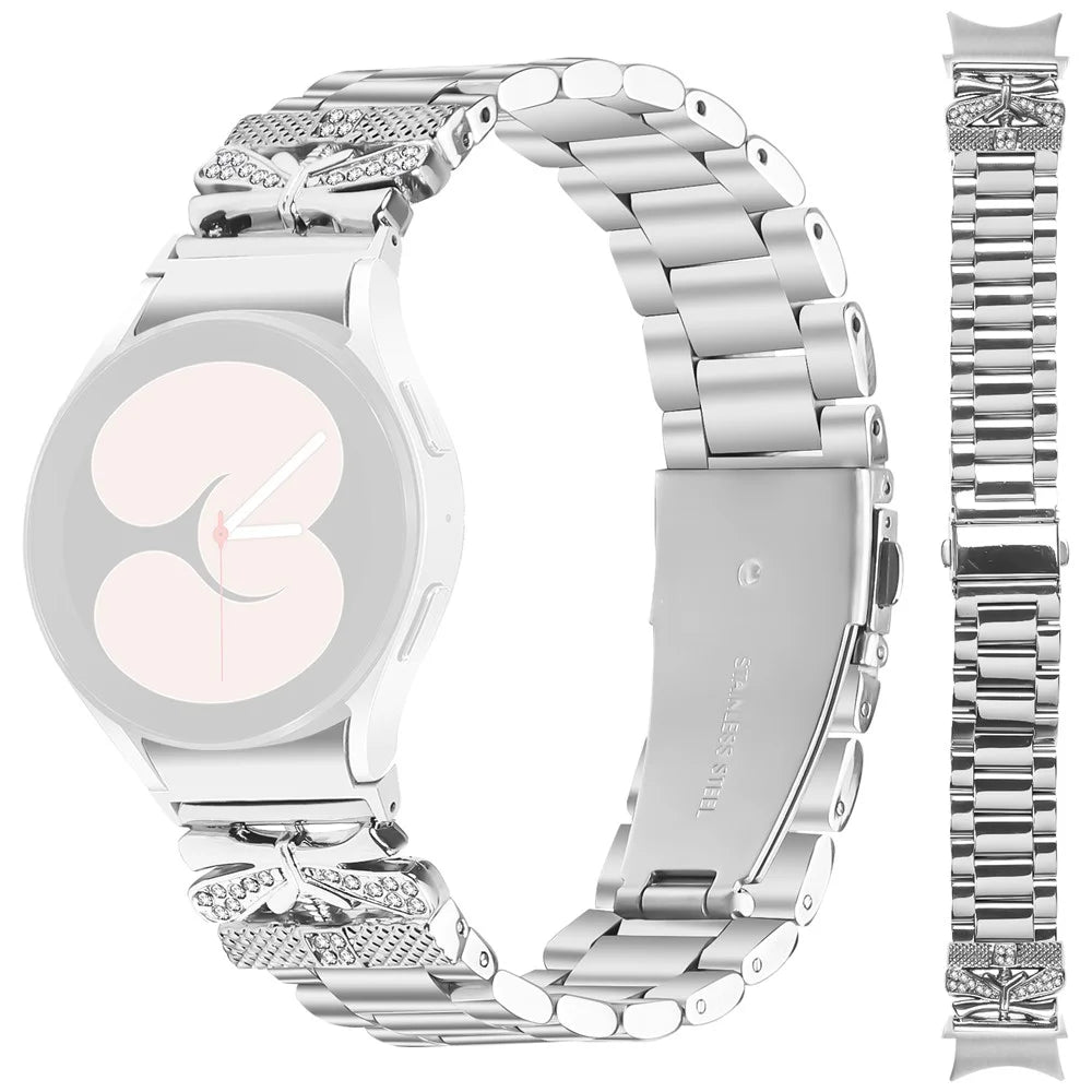 Metal Strap with Connector for Samsung Galaxy Watch6 40mm / 44mm / Watch6 Classic 43mm / 47mm Butterfly Rhinestones Decor Silver Watch Band - 1