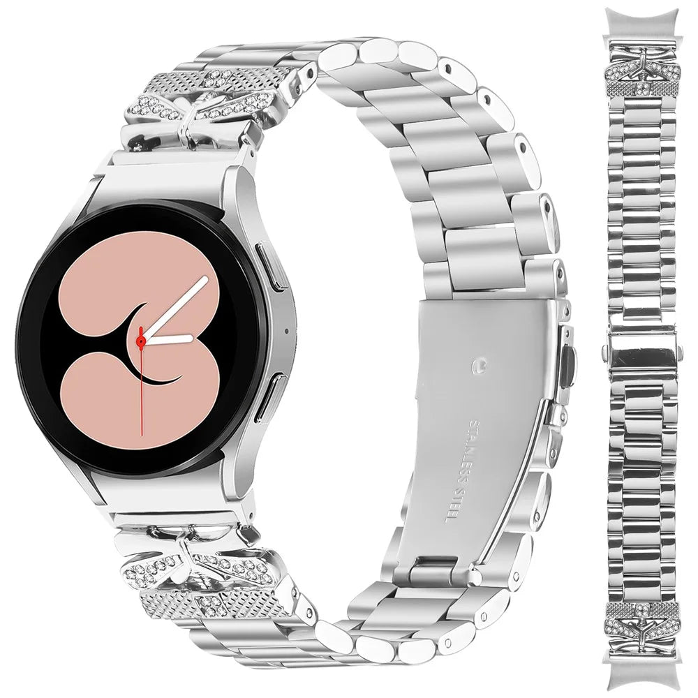 Metal Strap with Connector for Samsung Galaxy Watch6 40mm / 44mm / Watch6 Classic 43mm / 47mm Butterfly Rhinestones Decor Silver Watch Band - 3