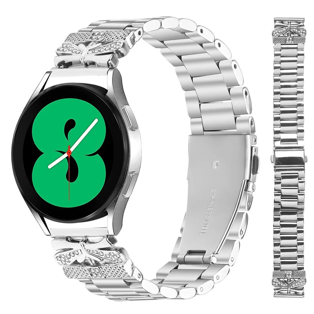 For Samsung Galaxy Watch3 41mm Replacement Strap Butterfly Rhinestones Decor Silver Stainless Steel Watch Band - 3