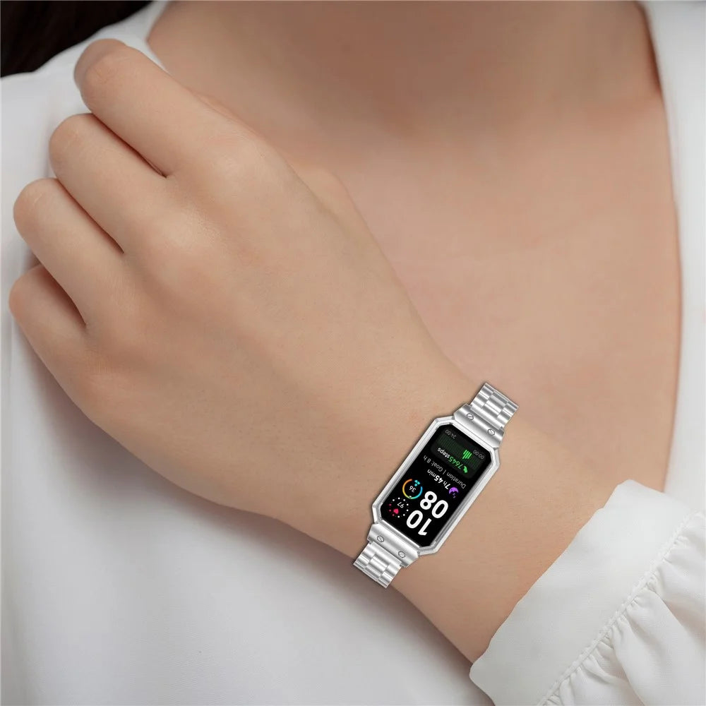 Metal Frame for Huawei Band 10 / 10 NFC / 9 / 9 NFC / 8 / 8 NFC Watch Case Integrated Three Bead Stainless Steel Strap - Silver - 6