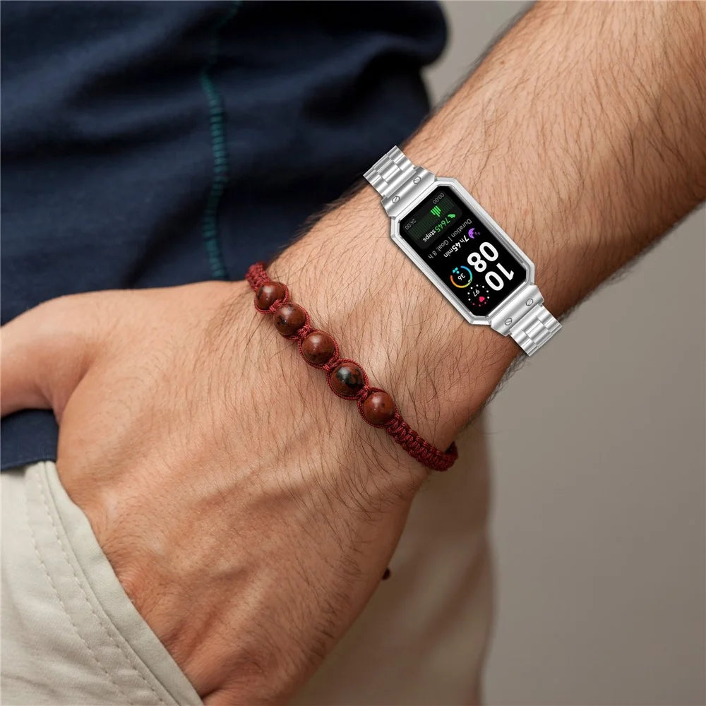 Metal Frame for Huawei Band 10 / 10 NFC / 9 / 9 NFC / 8 / 8 NFC Watch Case Integrated Three Bead Stainless Steel Strap - Silver - 7