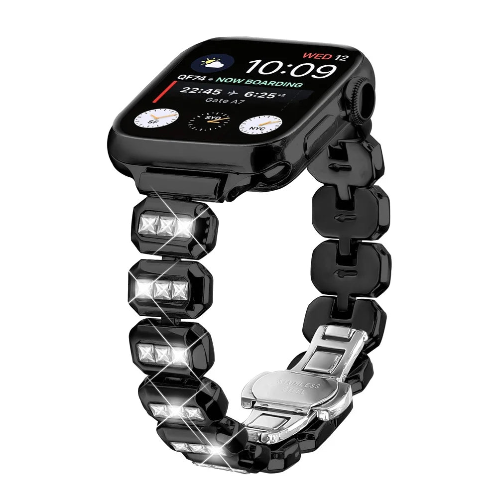 Metal Strap for Apple Watch Series 11 10 42mm / 9 8 7 41mm / SE3 SE2 SE 6 5 4 40mm / 3 2 1 38mm Rhinestone Decor with Butterfly Clasp - Black - 2