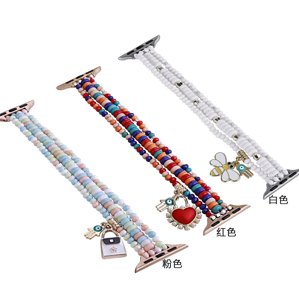 Watch Strap for Apple Watch Series 11 10 42mm / 9 8 7 41mm / SE3 SE2 SE 6 5 4 40mm / 3 2 1 38mm 3-Row Beads Bracelet Wrist Band - Pink - 7