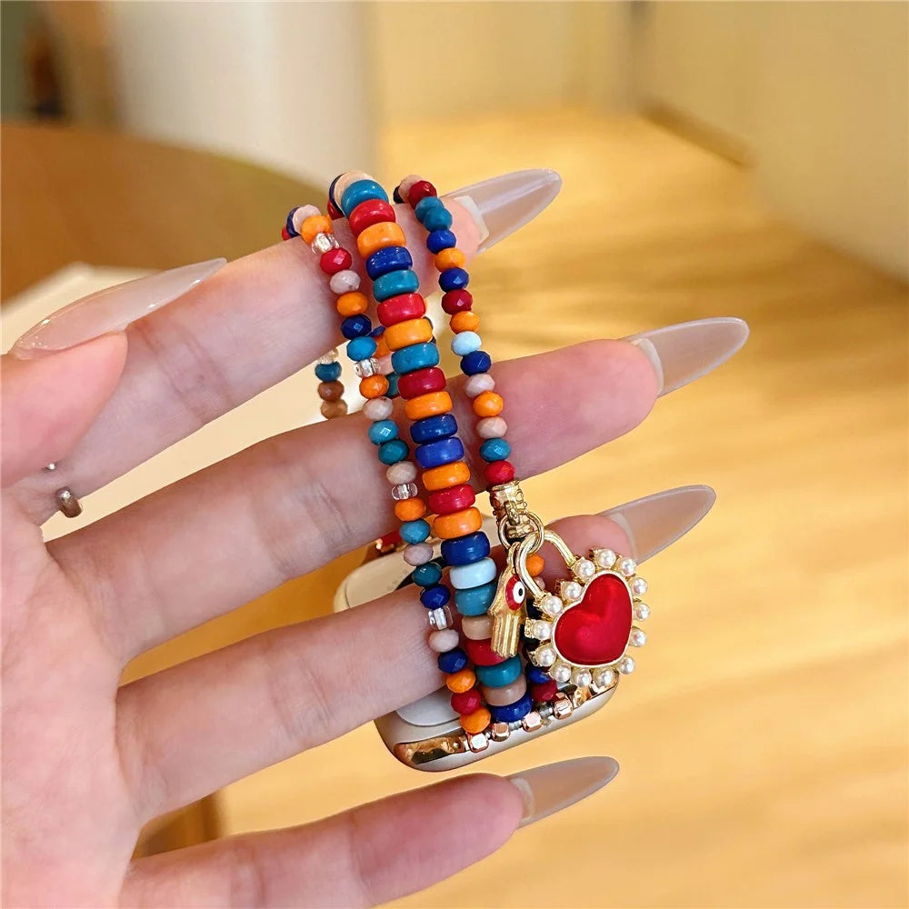 Watch Strap for Apple Watch Ultra 3 2 1 49mm / Series 11 10 46mm / 9 8 7 45mm / SE3 SE2 SE 6 5 4 44mm / 3 2 1 42mm 3-Row Beads Bracelet Wrist Band - Red - 3