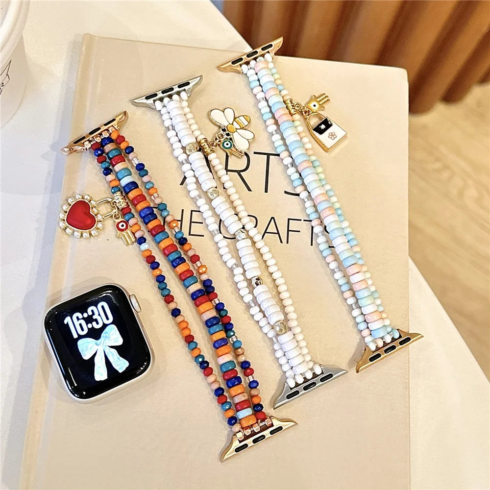 Watch Strap for Apple Watch Ultra 3 2 1 49mm / Series 11 10 46mm / 9 8 7 45mm / SE3 SE2 SE 6 5 4 44mm / 3 2 1 42mm 3-Row Beads Bracelet Wrist Band - Red - 6