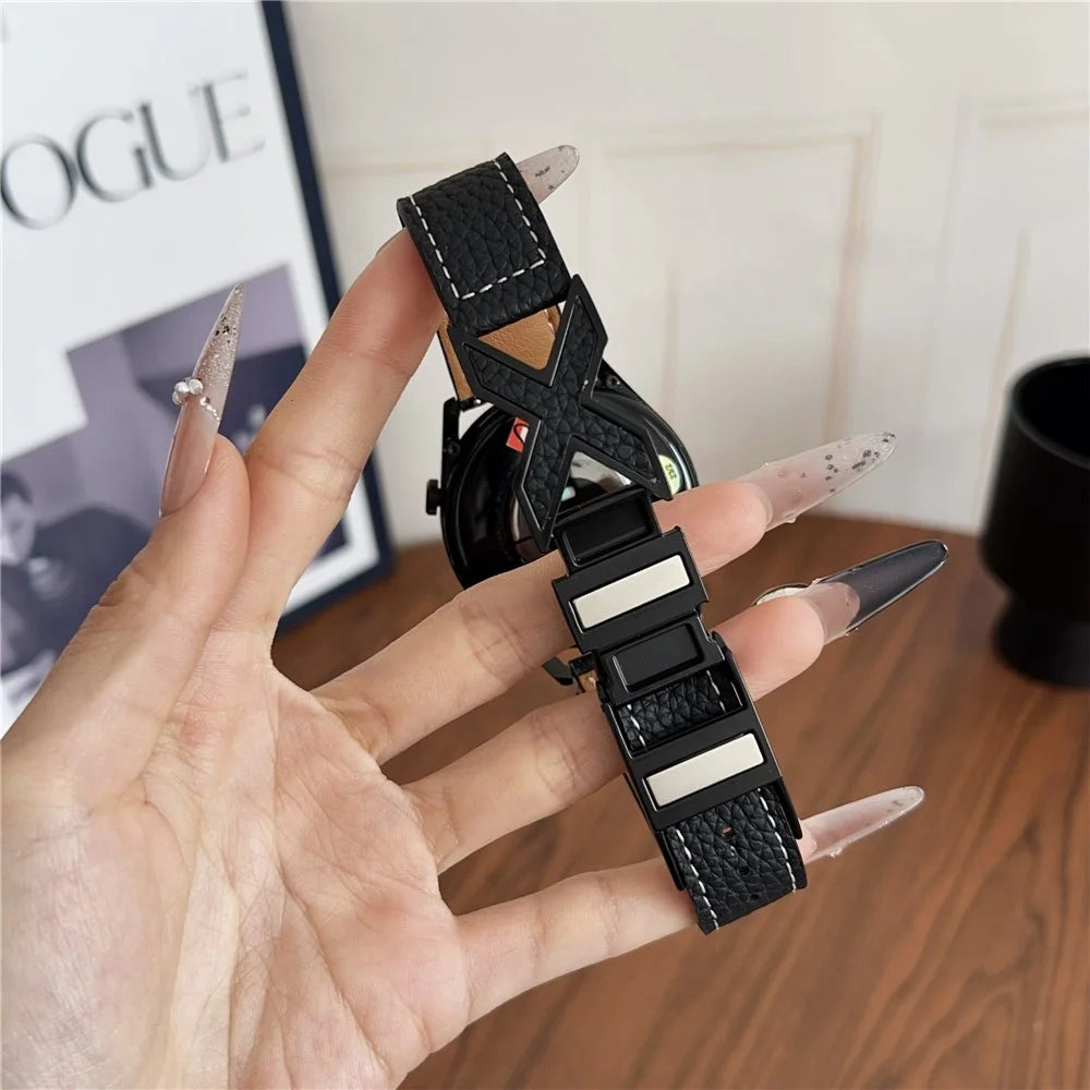 For Huawei Watch GT 5 46mm Watch Band 22mm Magnetic X-Buckle Litchi Texture Leather Strap - Beige - 5