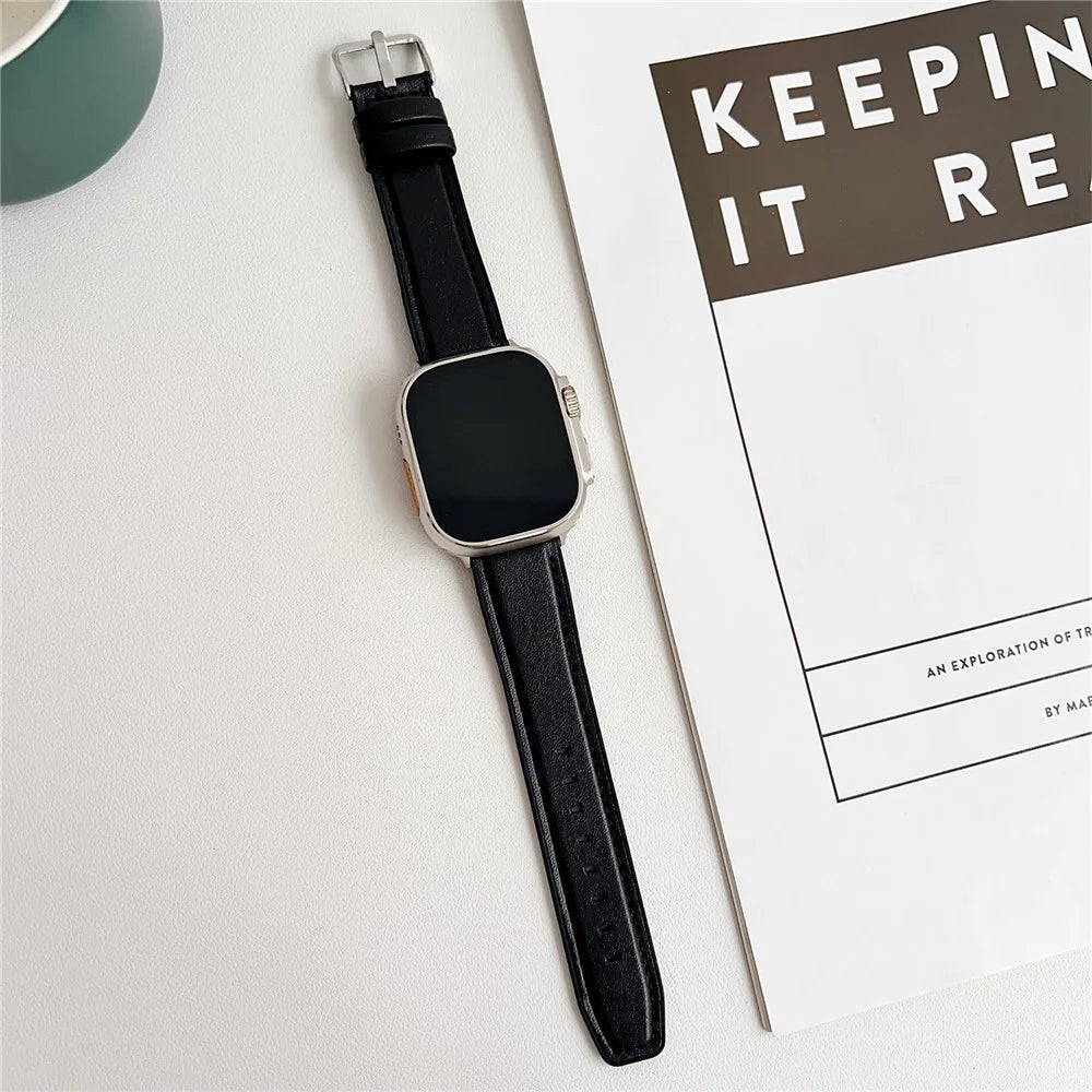 Watch Band for Apple Watch Ultra 3 2 1 49mm / Series 11 10 46mm / 9 8 7 45mm / SE3 SE2 SE 6 5 4 44mm / 3 2 1 42mm Napa Texture PU Covered Silicone Strap - Black - 2