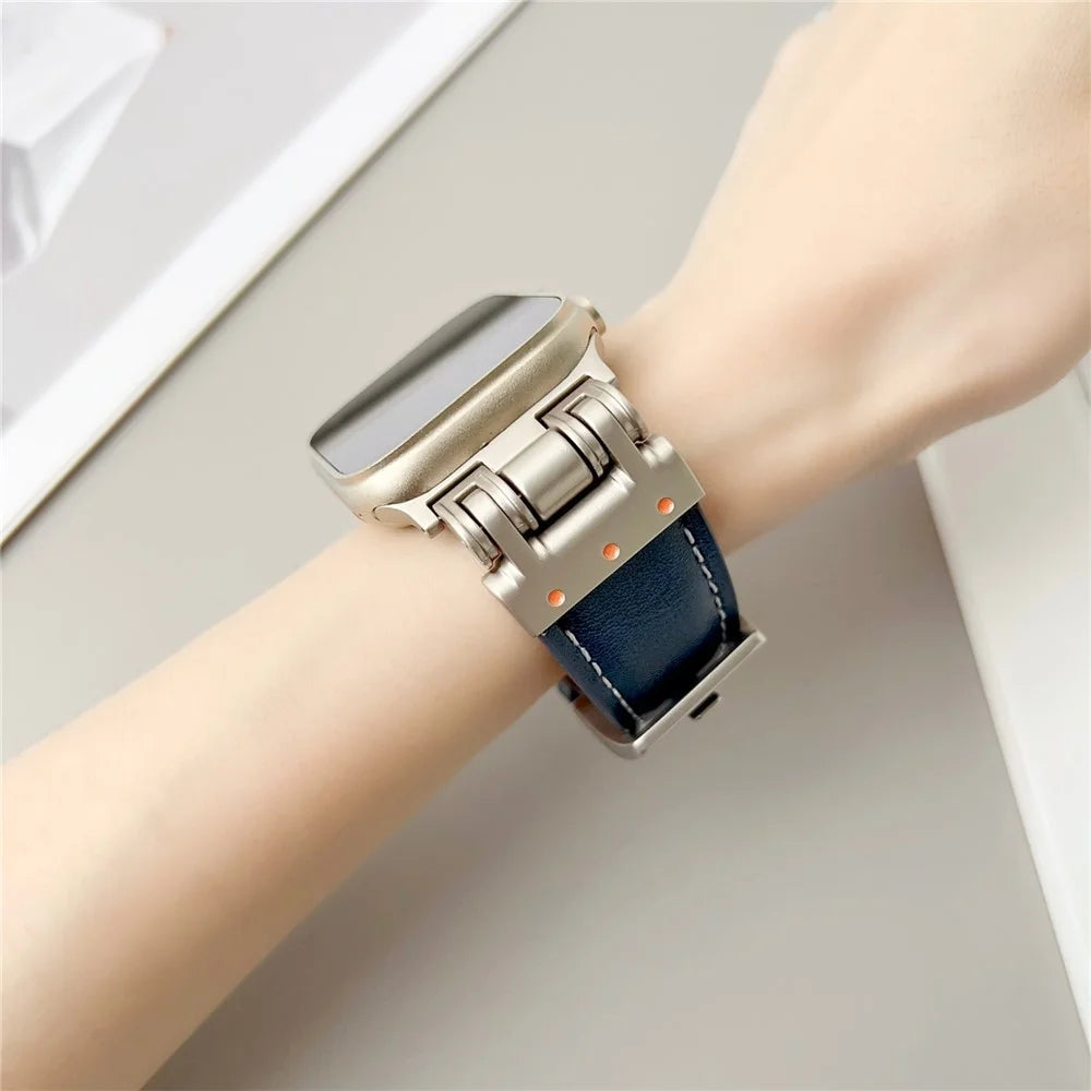 Leather Watch Band For Apple Watch Series 11 10 42mm / 9 8 7 41mm / SE3 SE2 SE 6 5 4 40mm / 3 2 1 38mm Crazy Horse Texture Wrist Strap - Dark Blue - 4