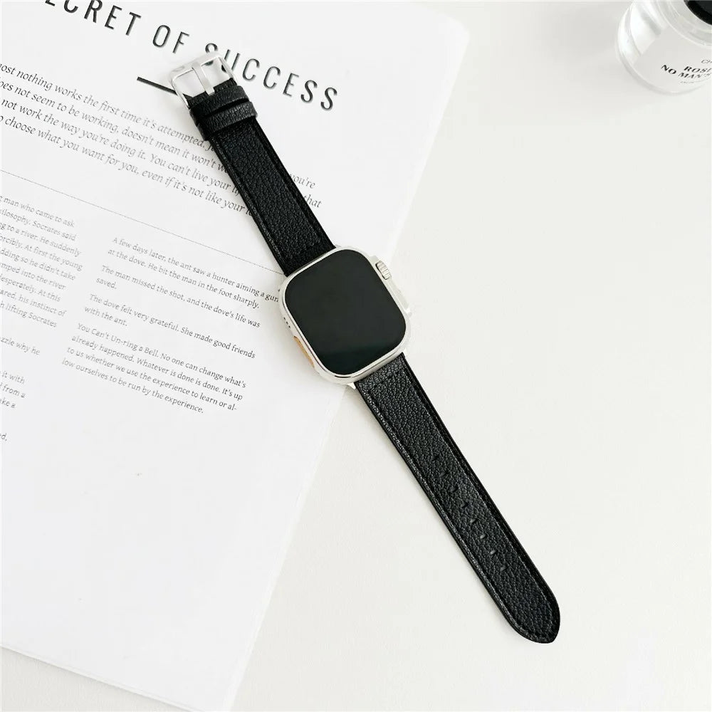 Watch Band For Apple Watch Ultra 3 2 1 49mm / Series 11 10 46mm / 9 8 7 45mm / SE3 SE2 SE 6 5 4 44mm / 3 2 1 42mm Silicone Leather Coated Wrist Strap - Black - 2