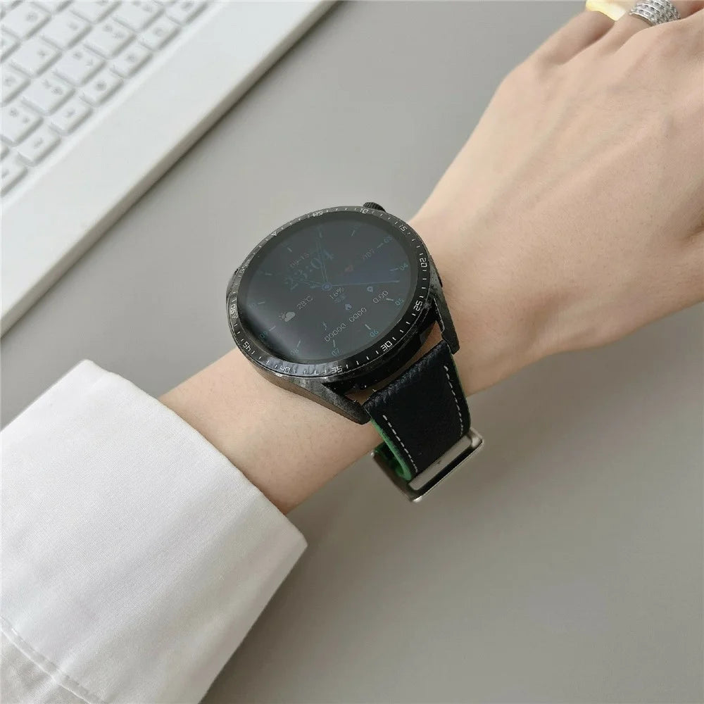 Dual Color Leather Bands For Samsung Galaxy Watch7  /  Watch6 Watchbands 20mm Universal Wrist Strap - Black - 3