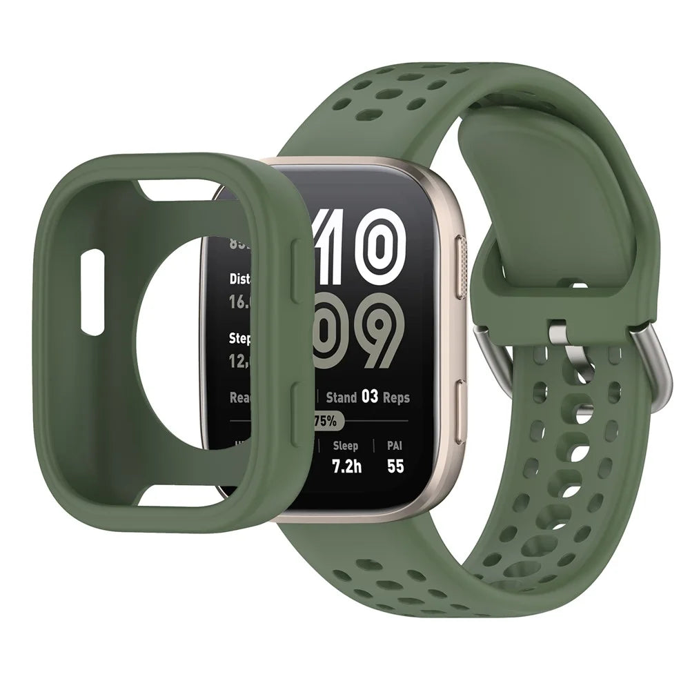 For Huami Amazfit Bip 6 A2435 Silicone Breathable Watch Band + Protective Case - Dark Green - 2