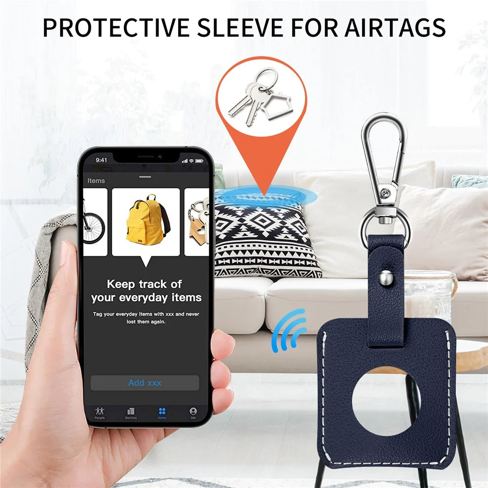 Square Shape Anti-Drop PU Leather Protective Case Cover with Buckle for Apple AirTag Locator - Dark Blue - 6