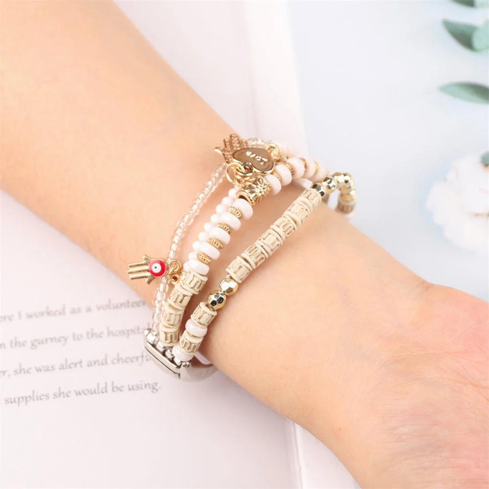 For Xiaomi Smart Band 9 / 8 Watch Strap Beaded Bracelet Wrist Band with Protective Case - White - 3
