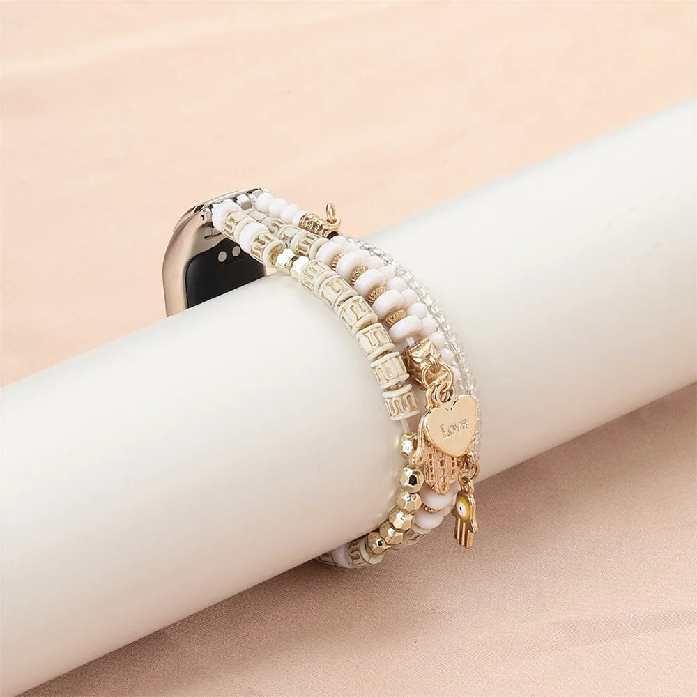 For Xiaomi Smart Band 9 / 8 Watch Strap Beaded Bracelet Wrist Band with Protective Case - White - 5